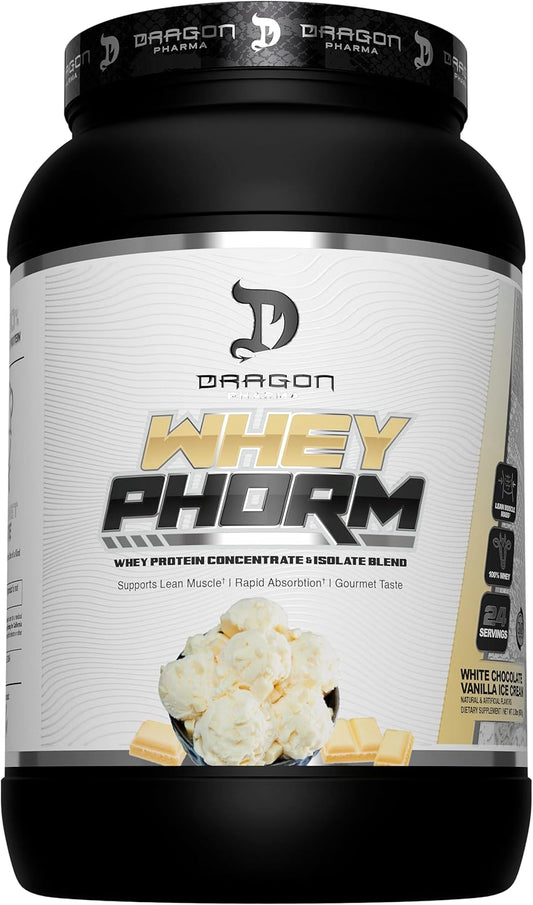 Dragon Pharma Whey Protein Blend - Fast Absorption, Gluten-Free, 100% Whey Protein, WheyPhorm, Maximize Recovery - White Chocolate Vanilla Ice Cream Flavor - 25g Protein (24 Servings)