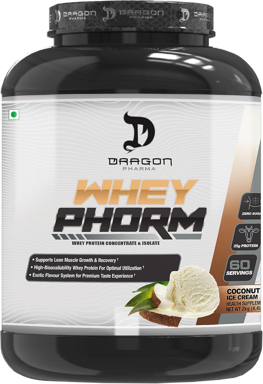 DRAGON PHARMA Whey Protein Blend - Fast Absorption, Gluten Free, 100% Whey Protein - Maximize Recovery with WheyPhorm - Delicious Coconut Ice Cream Flavor - 25g Protein per Serving - 65 Servings