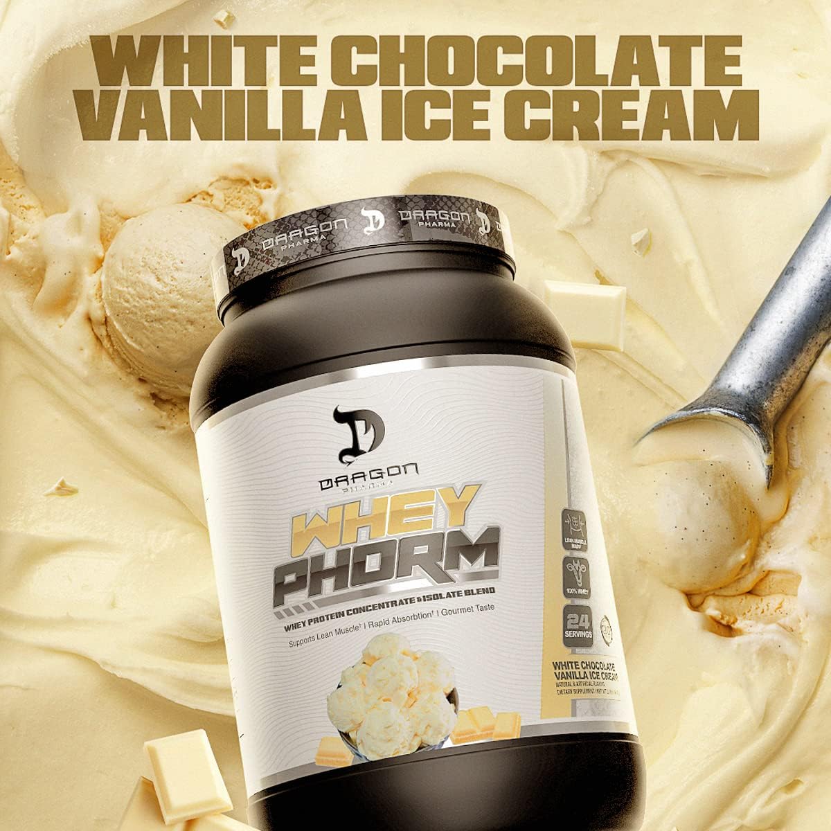 Dragon Pharma Whey Protein Blend - Fast Absorption, Gluten-Free, 100% Whey Protein, WheyPhorm, Maximize Recovery - White Chocolate Vanilla Ice Cream Flavor - 25g Protein (24 Servings)