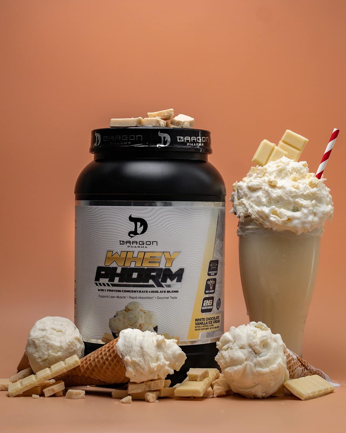 Dragon Pharma Whey Protein Blend - Fast Absorption, Gluten-Free, 100% Whey Protein, WheyPhorm, Maximize Recovery - White Chocolate Vanilla Ice Cream Flavor - 25g Protein (24 Servings)