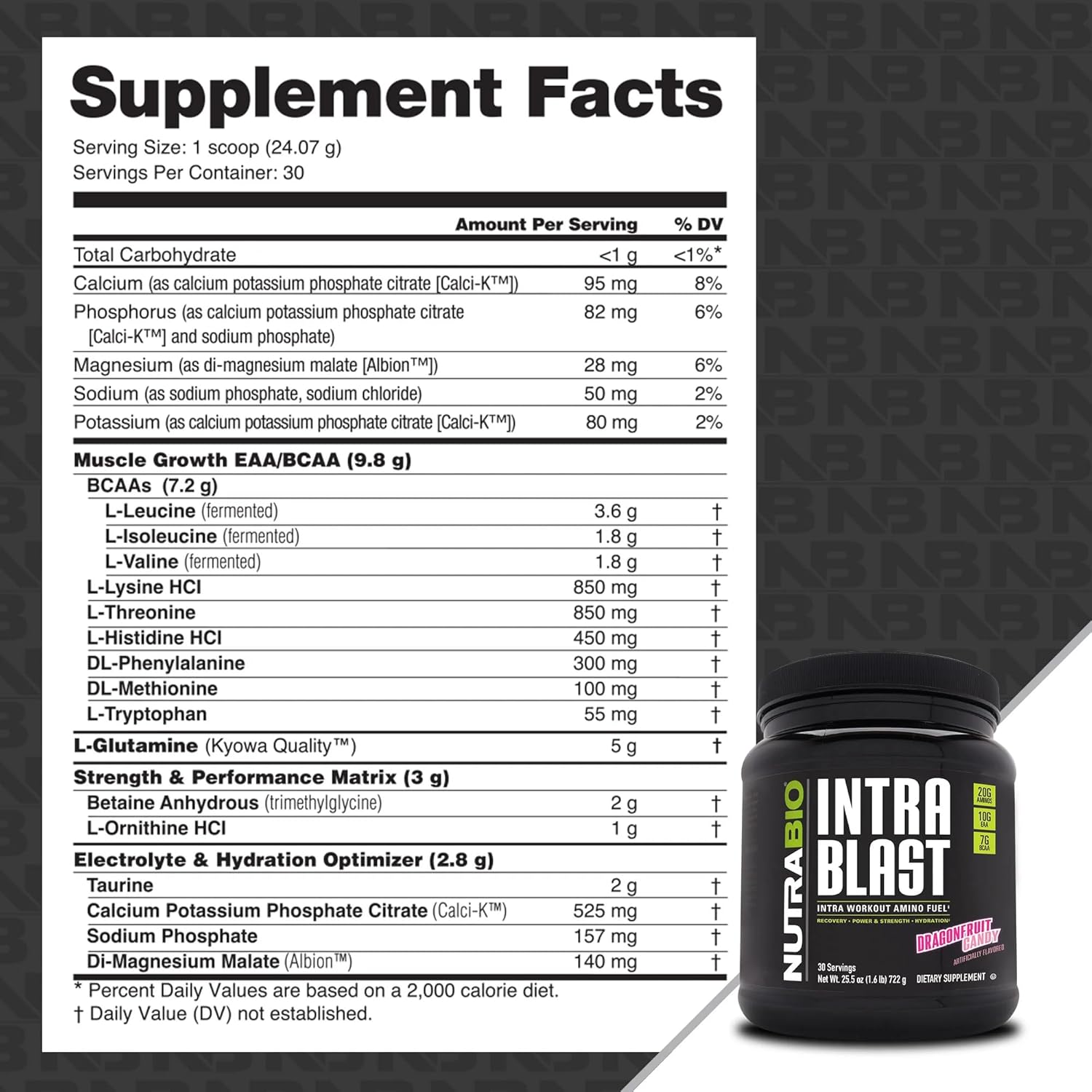 Dragonfruit Candy NutraBio Intra Blast BCAA EAA Electrolyte Hydration Powder for Amino Acid Supplement - Gluten Free, Non-GMO - 30 Servings