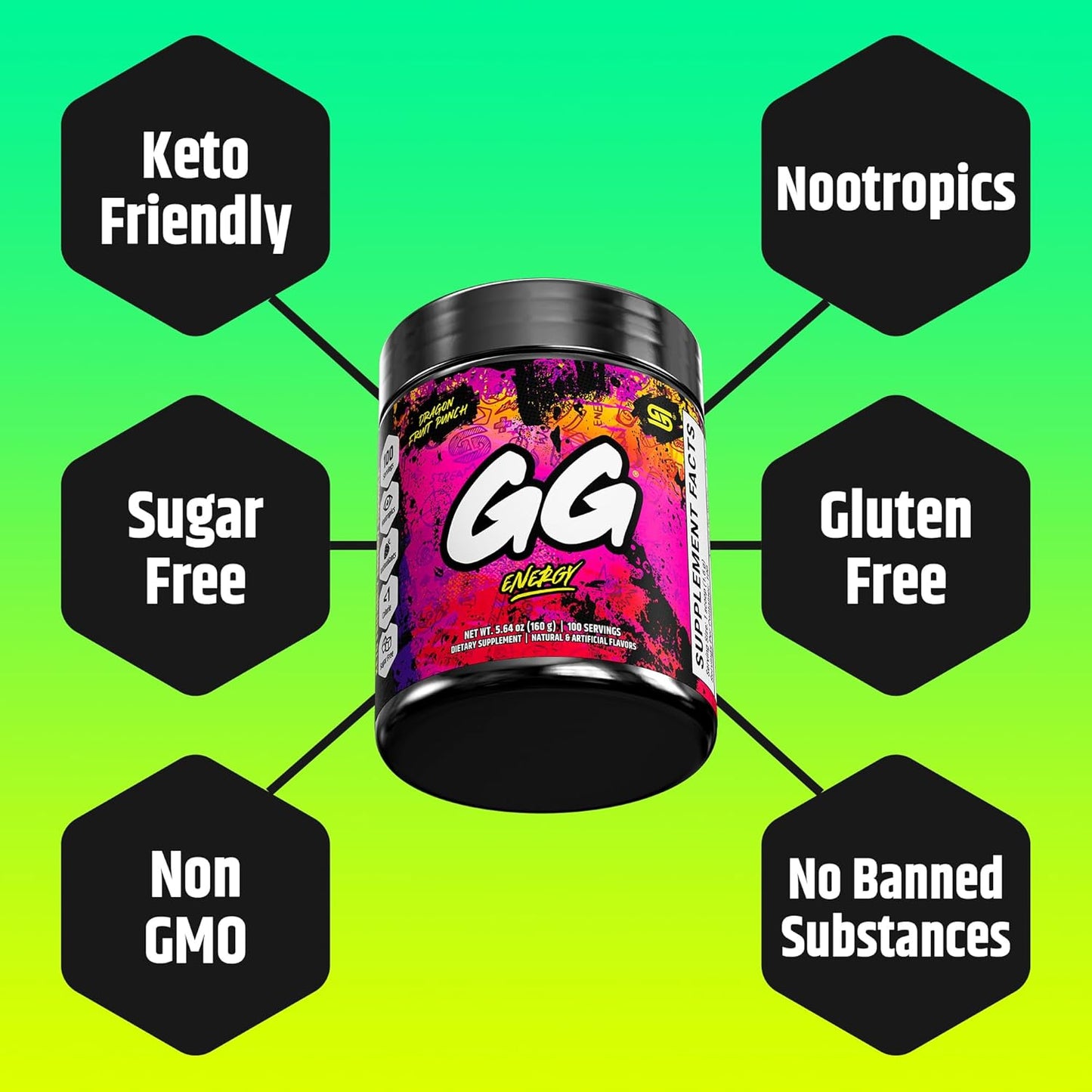 Dragonfruit Punch Gamer Supps - 100 Servings, Keto Friendly Energy Nootropic Blend with Organic Caffeine, Vitamins, and Immune Support