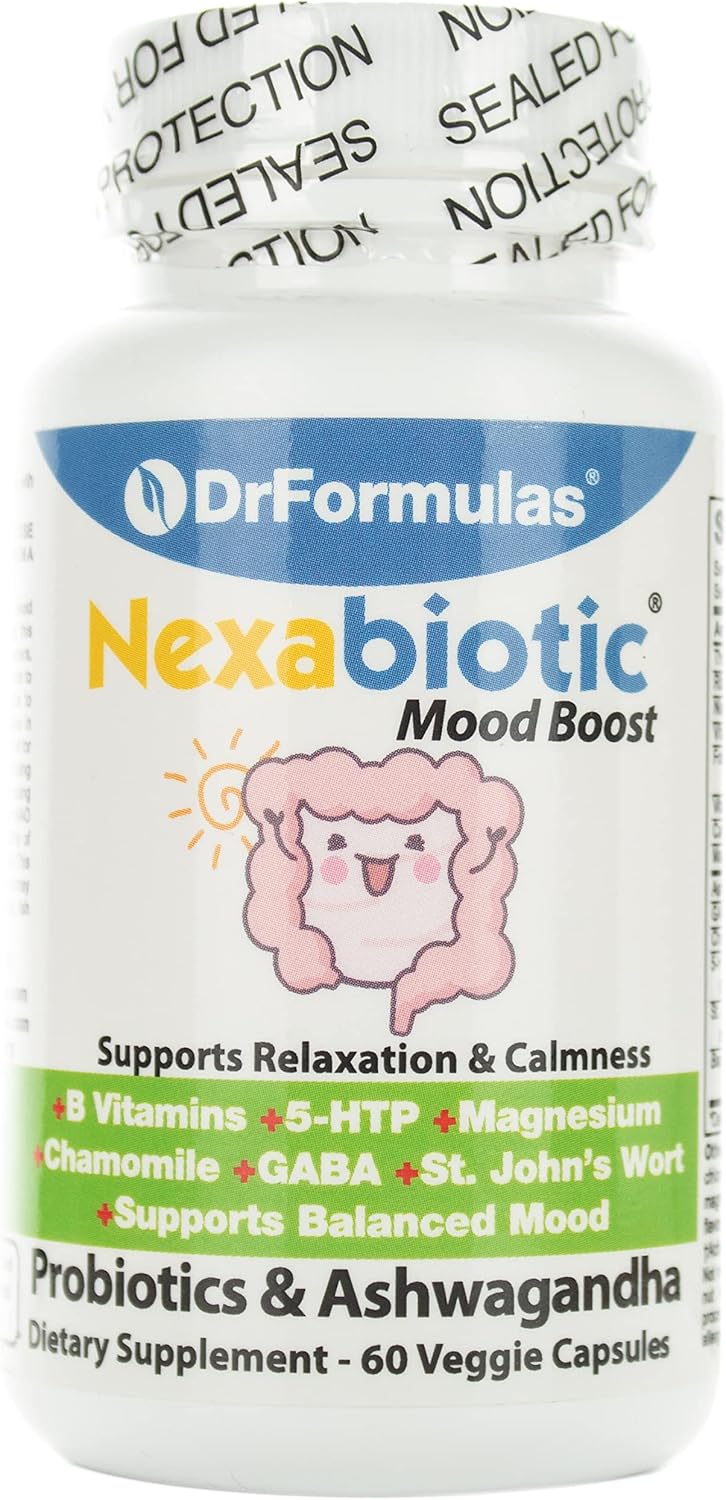DrFormulas Mood Boost Probiotics with Stress B Complex for Kids, Women, Men | Nexabiotic Supplement with Ashwagandha, St Johns Wort, GABA, Magnesium for Calm, 60 Count