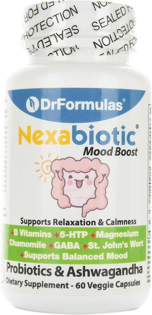 DrFormulas Mood Boost Probiotics with Stress B Complex for Kids, Women, Men | Nexabiotic Supplement with Ashwagandha, St Johns Wort, GABA, Magnesium for Calm, 60 Count