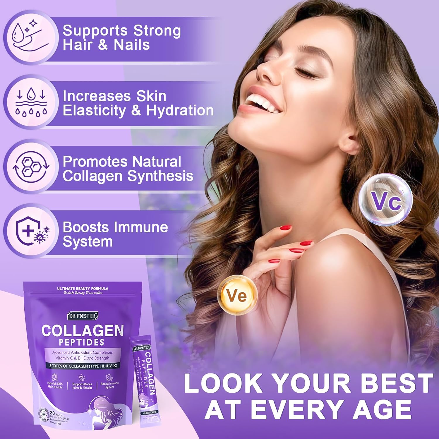 DRFOSTER Collagen Peptides Powder Packets - Women's Multi Collagen Type I, II, III, V, X with Antioxidants, Vitamin C & E - Non-GMO, 30 Sticks