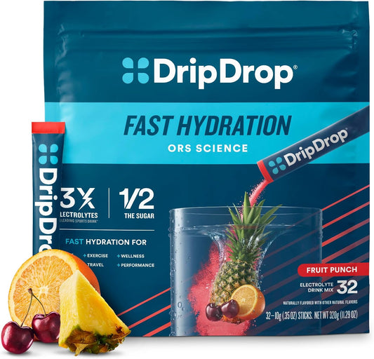 DripDrop Hydration Powder Packets - Fruit Punch Flavor - Single Serve Electrolyte Drink Mix Sticks | Non-GMO, Gluten Free, Vegan | 32 Packets