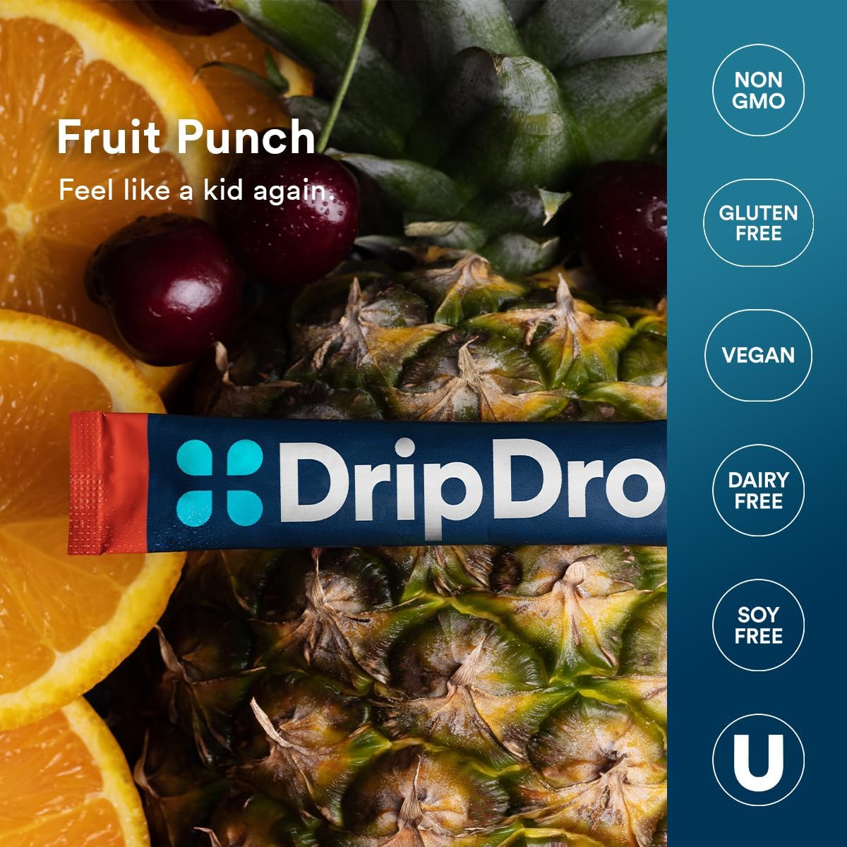 DripDrop Hydration Powder Packets - Fruit Punch Flavor - Single Serve Electrolyte Drink Mix Sticks | Non-GMO, Gluten Free, Vegan | 32 Packets