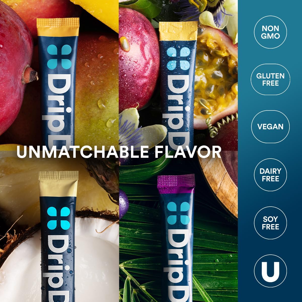 DripDrop Hydration Tropical Variety Pack - Electrolyte Drink Mix Packets - Mango, Açaí, Passion Fruit, Piña Colada - Non-GMO, Gluten Free, Vegan - 32 Sticks