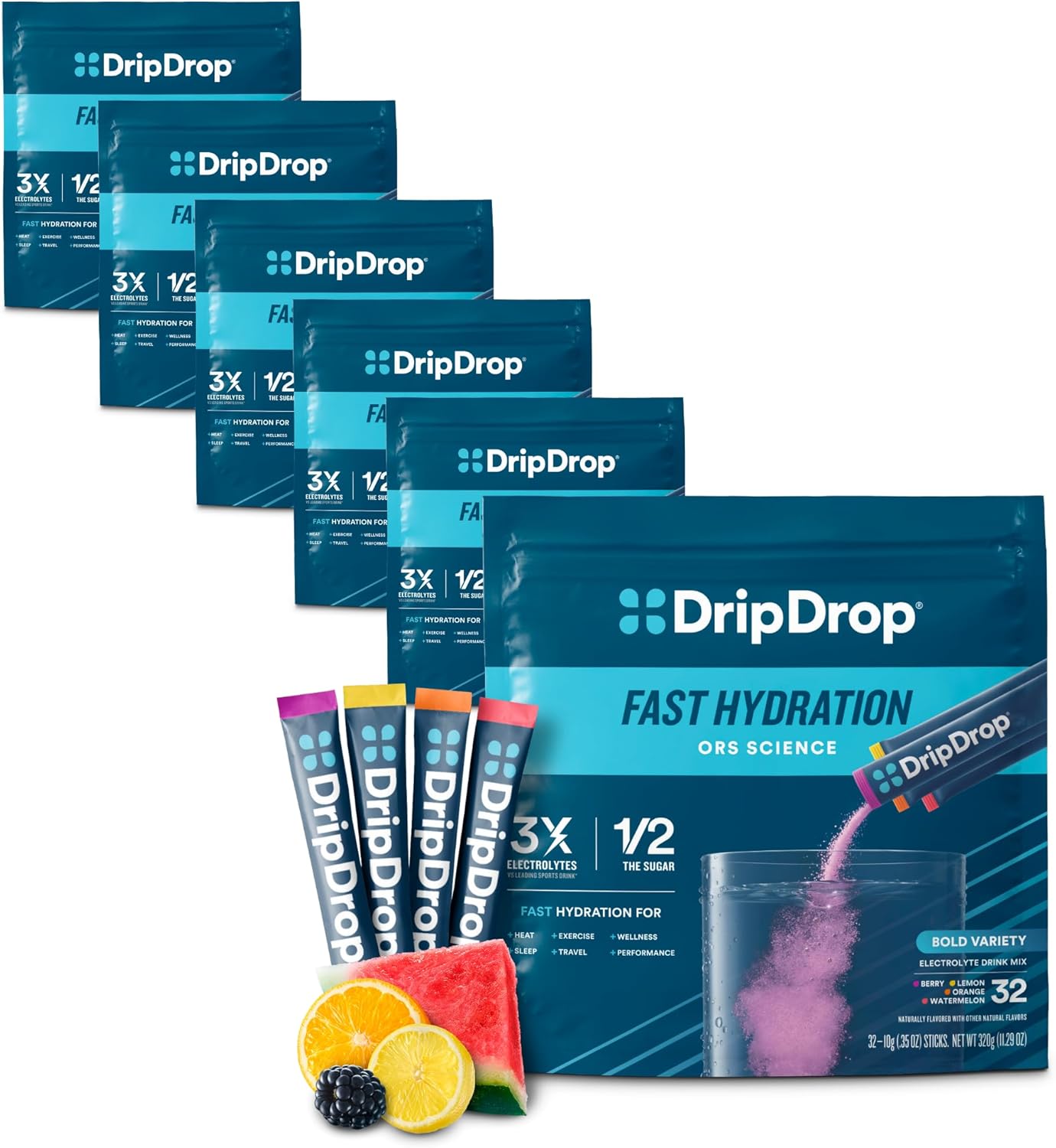 DripDrop Hydration Variety Pack - Electrolyte Drink Mix Powder Packets - Watermelon, Berry, Lemon, Orange Flavors - Non-GMO, Gluten Free, Vegan - 192 Sticks