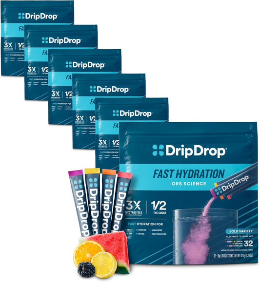 DripDrop Hydration Variety Pack - Electrolyte Drink Mix Powder Packets - Watermelon, Berry, Lemon, Orange Flavors - Non-GMO, Gluten Free, Vegan - 192 Sticks