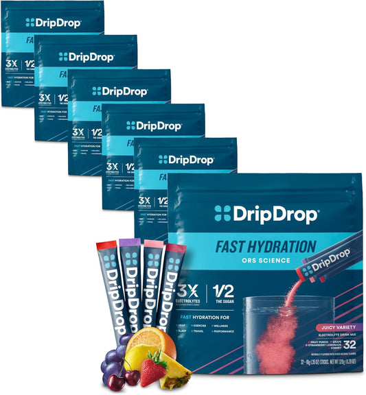 DripDrop Hydration Variety Pack - Electrolyte Drink Mix Powder Packets - Grape, Fruit Punch, Strawberry Lemonade, Cherry Flavors - Non-GMO, Gluten Free, Vegan - 192 Sticks