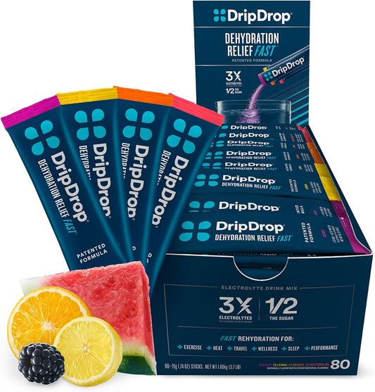 DripDrop Hydration Variety Pack - Electrolyte Drink Mix Powder - Watermelon, Berry, Lemon, Orange Flavors - Non-GMO, Gluten Free, Vegan - 80 Sticks