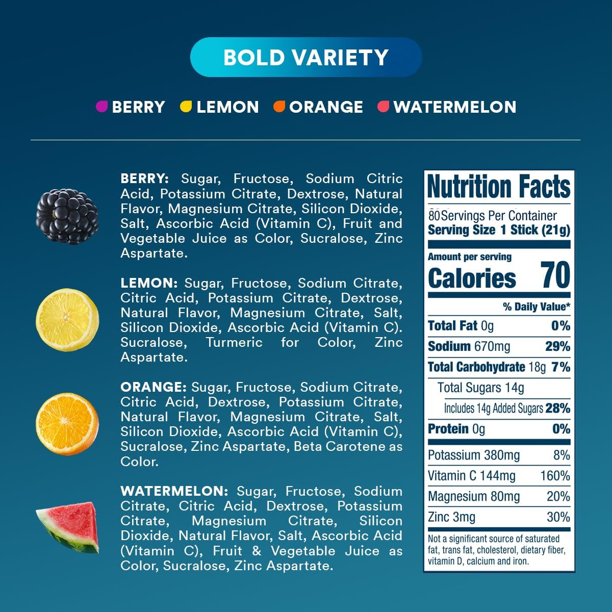 DripDrop Hydration Variety Pack - Electrolyte Drink Mix Powder - Watermelon, Berry, Lemon, Orange Flavors - Non-GMO, Gluten Free, Vegan - 80 Sticks