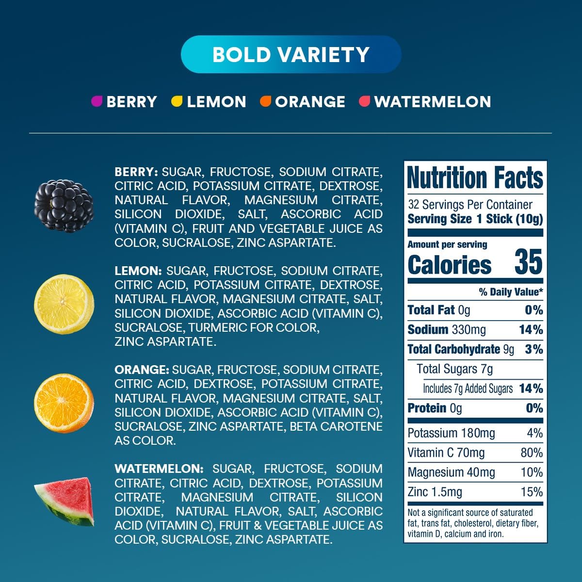 DripDrop Hydration Variety Pack: Electrolyte Drink Mix Powder Packets - Watermelon, Berry, Lemon, Orange - 32 Sticks, Non-GMO, Gluten Free, Vegan