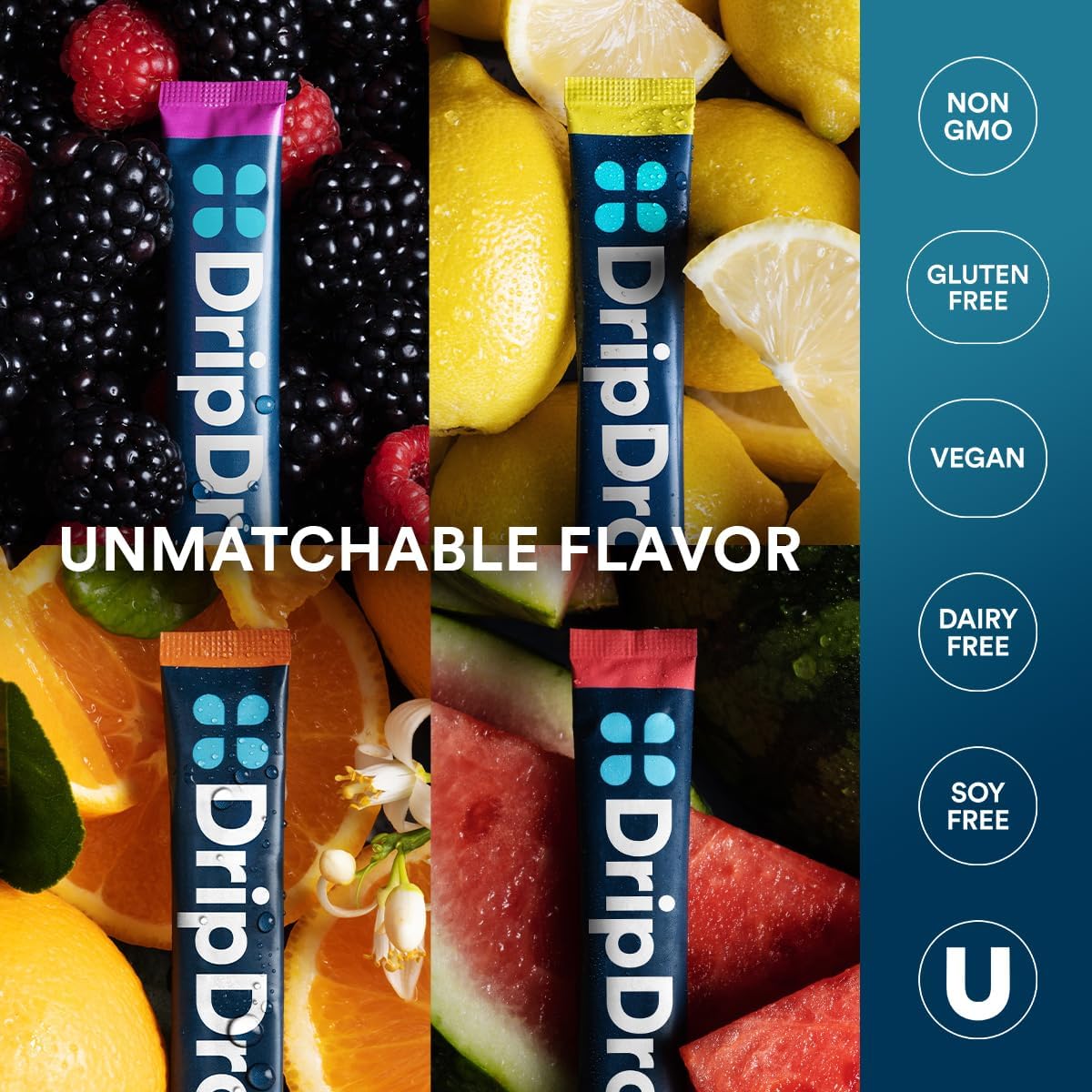 DripDrop Hydration Variety Pack: Electrolyte Drink Mix Powder Packets - Watermelon, Berry, Lemon, Orange - 32 Sticks, Non-GMO, Gluten Free, Vegan
