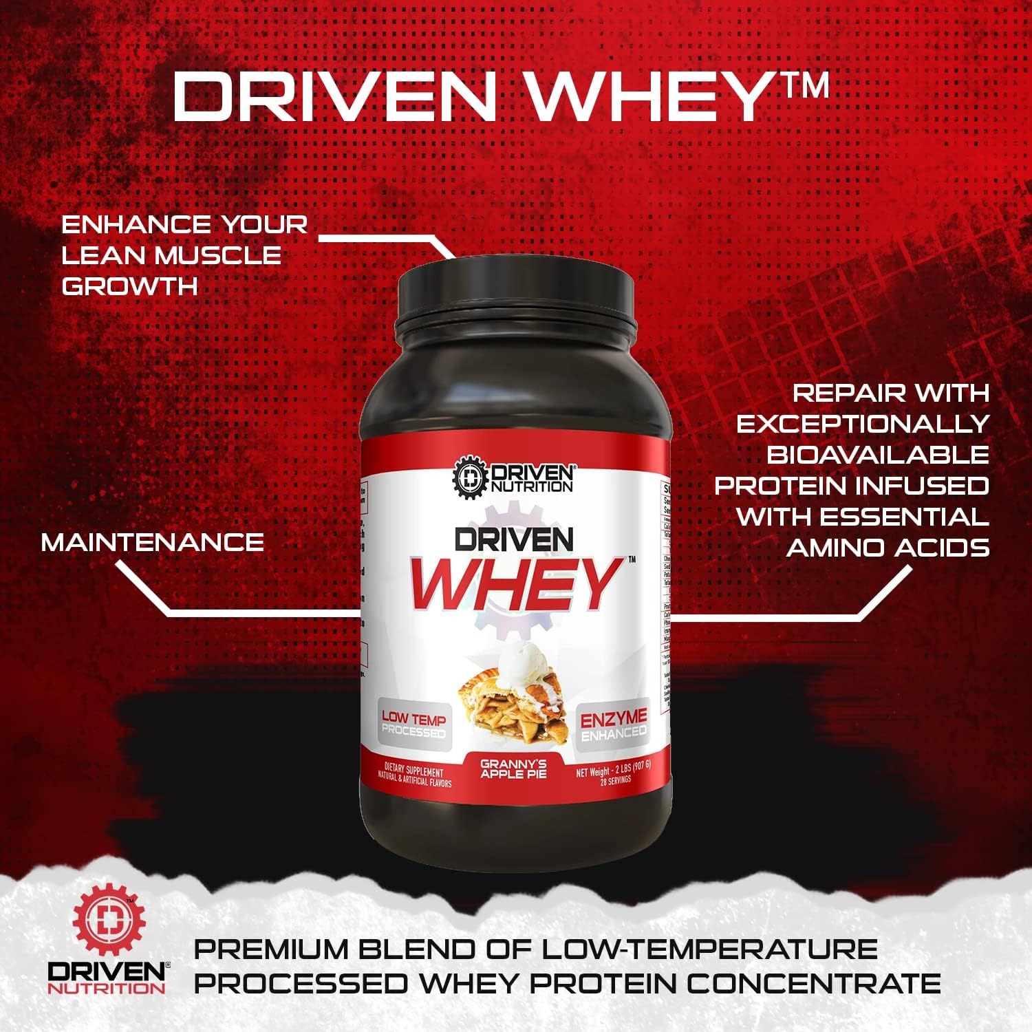 Driven Nutrition Driven WHEY Grass Fed Whey Protein Powder 2lb - Banana Pie Flavor - 23g Protein for Muscle Recovery - BCAA and Digestive Enzymes Included