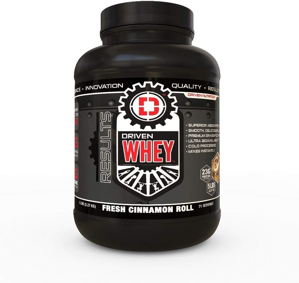 Driven Nutrition Grass Fed Whey Protein Powder - Delicious Cinnamon Roll Flavor - Enhance Muscle Recovery with 23g Protein, BCAA, & Digestive Enzymes - 5 lb