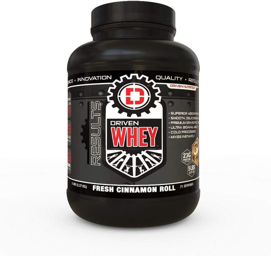 Driven Nutrition Grass Fed Whey Protein Powder - Delicious Cinnamon Roll Flavor - Enhance Muscle Recovery with 23g Protein, BCAA, & Digestive Enzymes - 5 lb