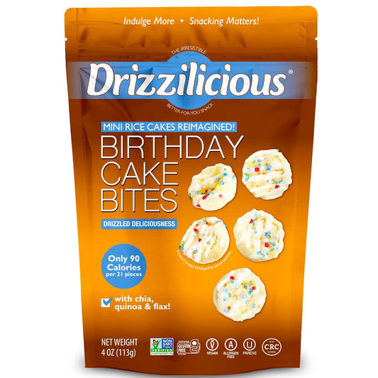 Drizzilicious Birthday Cake Mini Rice Cakes - Healthy Snack for Adults & Kids, Flavored Rice Crisps, Vegan & Gluten-Free - 4 oz (Pack of 6)