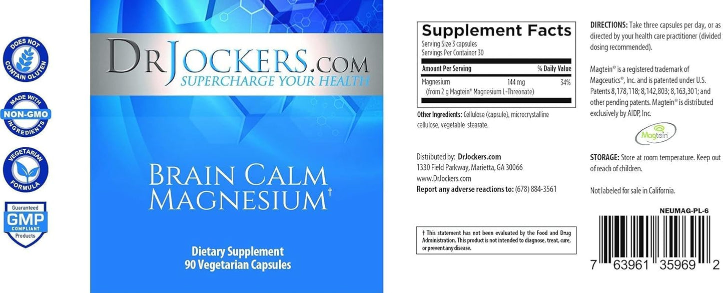 DrJockers.com Brain Calm Magnesium Capsules - Supports Cognitive Function & Well-Being - Gluten-Free Supplement - 90 Count