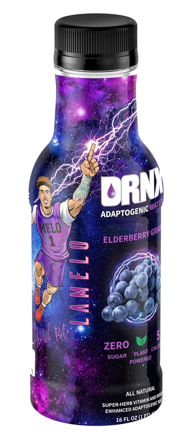 DRNX 12 Pack Elderberry Grape Adaptogenic Waters - Zero Sugar, 5 Calories - Super Herbs, B & D Vitamins - Antioxidants - Keto Friendly - All Natural - Complete Hydration Enhanced Beverage