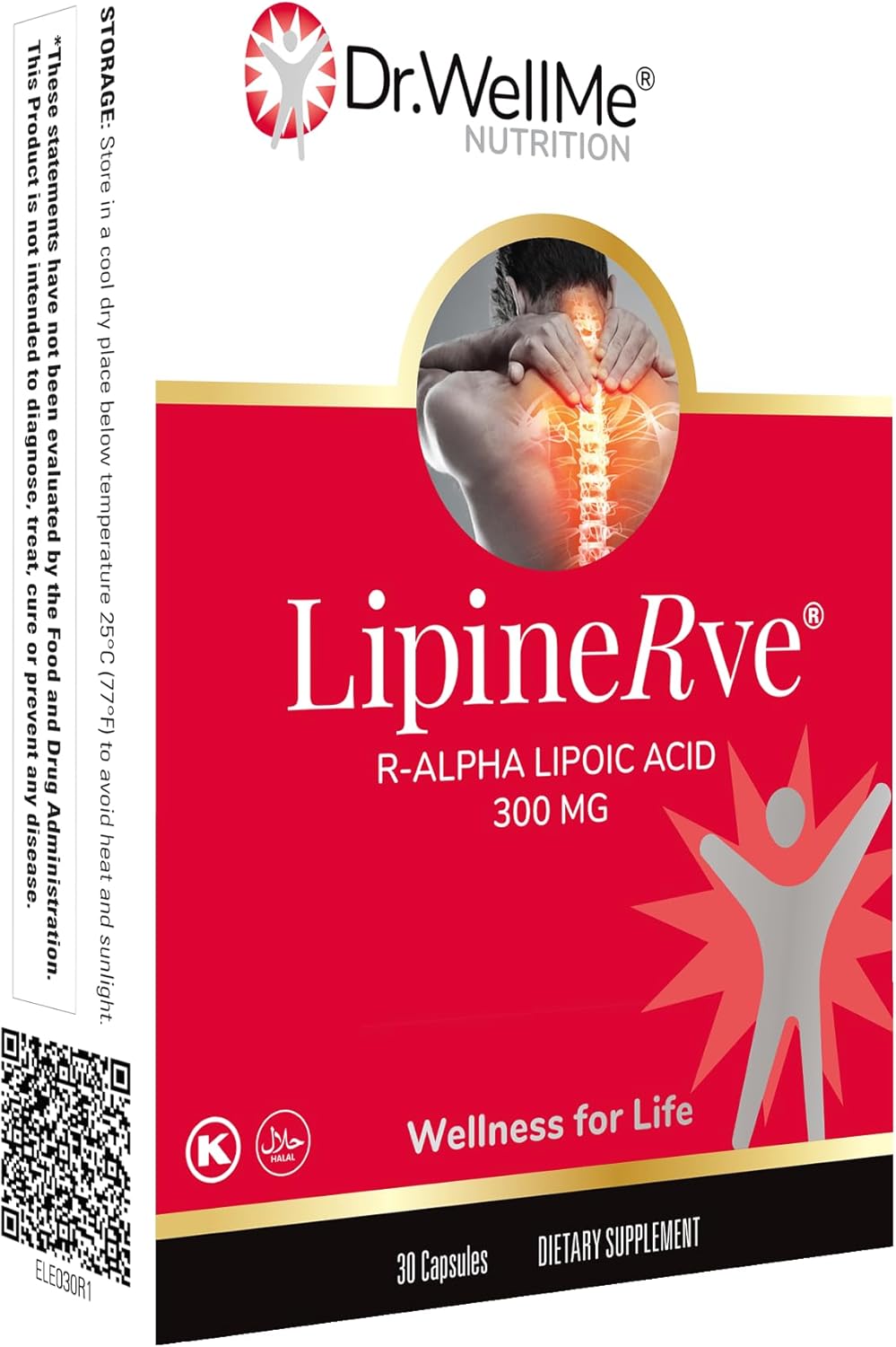 Dr.WellMe Lipinerve R Alpha Lipoic Acid Capsules - 300mg Antioxidant Supplement, Kosher & Halal - 30 Count USA-made