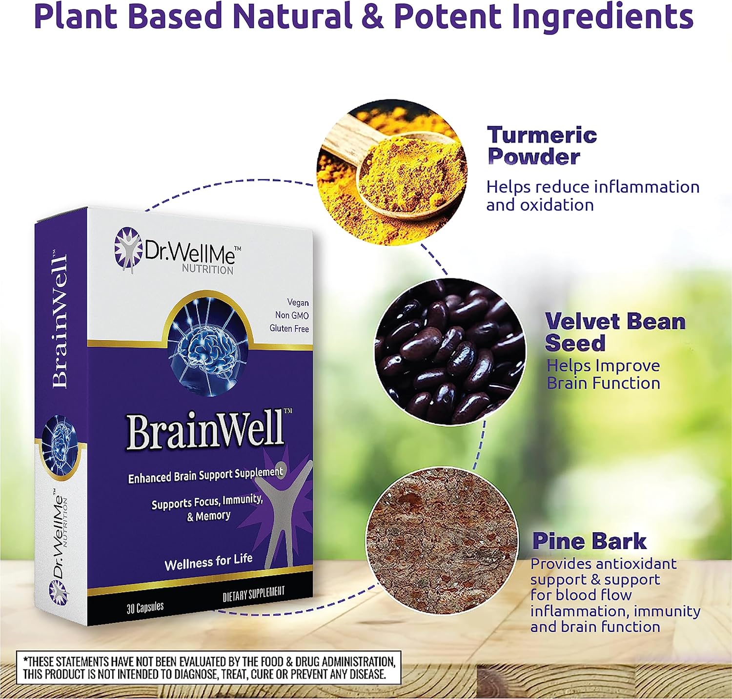 Dr.WellMe Nootropic Brain Booster Supplement with Turmeric & Ginkgo Biloba - Memory, Focus & Cognitive Health Support - Vegan Capsules (30 Count)