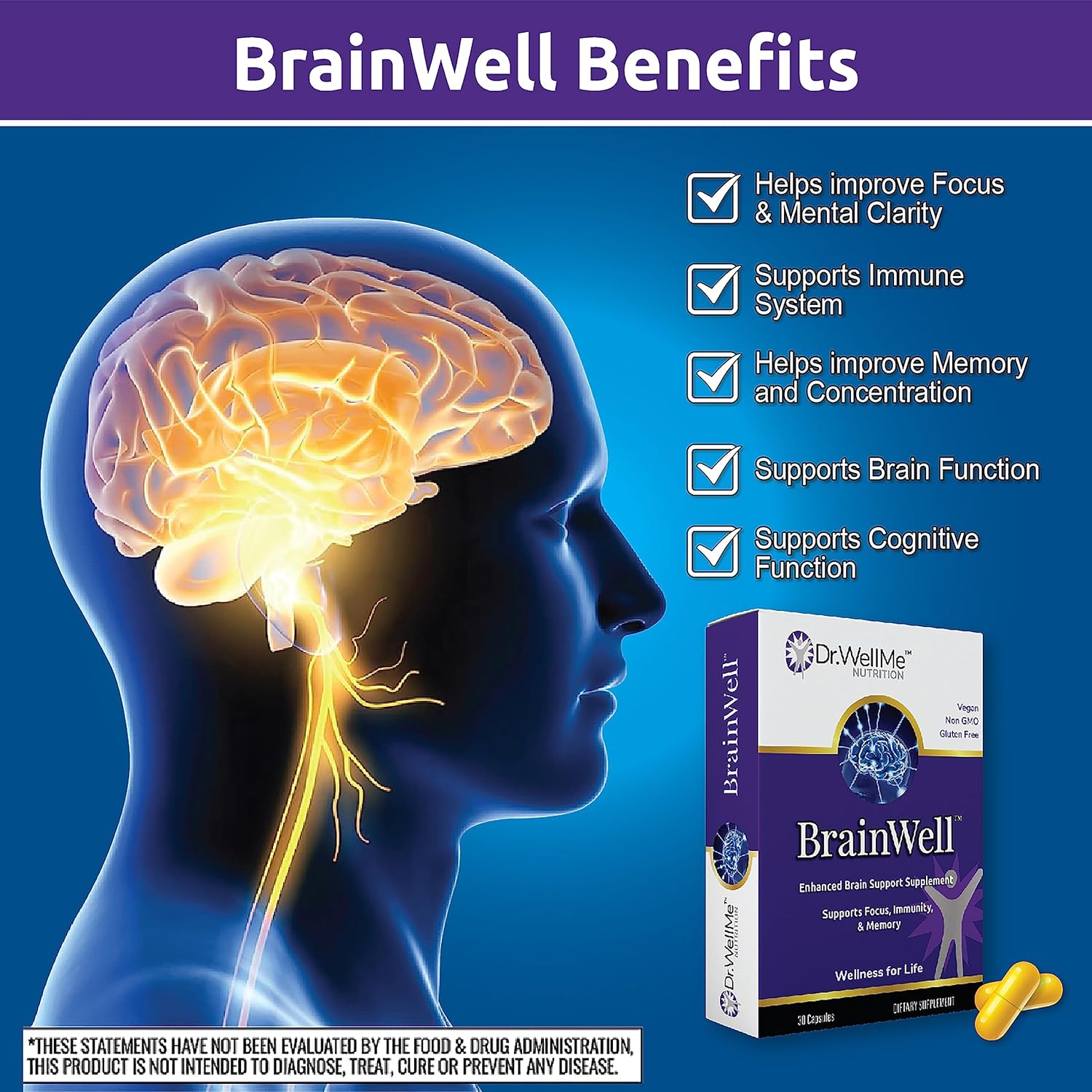 Dr.WellMe Nootropic Brain Booster Supplement with Turmeric & Ginkgo Biloba - Memory, Focus & Cognitive Health Support - Vegan Capsules (30 Count)
