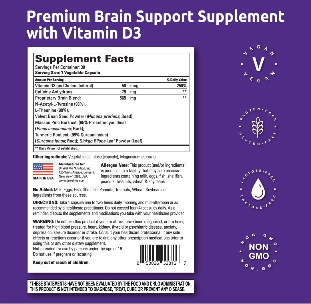 Dr.WellMe Nootropic Brain Booster Supplement with Turmeric & Ginkgo Biloba - Memory, Focus & Cognitive Health Support - Vegan Capsules (30 Count)
