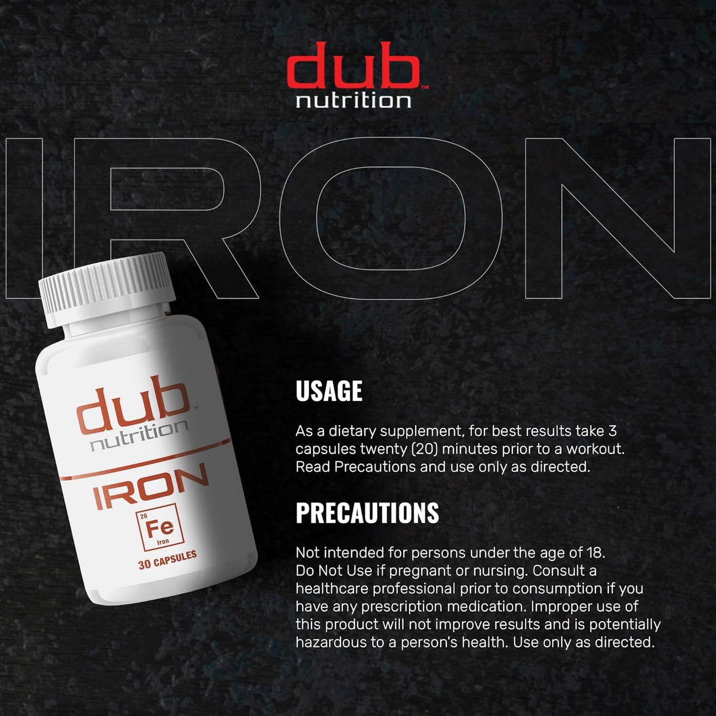 Dub Nutrition Iron Supplement - High Absorption, Gentle on Stomach - No Nausea, No Fillers - Clean Gelatin Capsules - Supports Daily Nutritional Needs - 30 Capsules