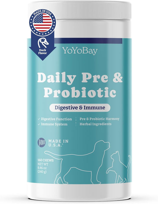 Duck Flavored Probiotics for Dogs, Daily Gut and Digestive Health Support, Immune System Boost, Skin & Coat Maintenance, 160 Soft Chews