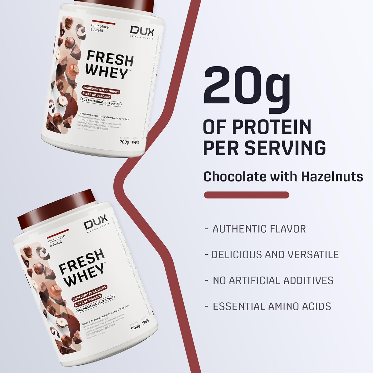 Dux Nutrition Lab Whey Protein with Belgian Chocolate & Hazelnuts - 20g Protein - Amino Acids, Brazilian Fruits, Nuts - 32oz
