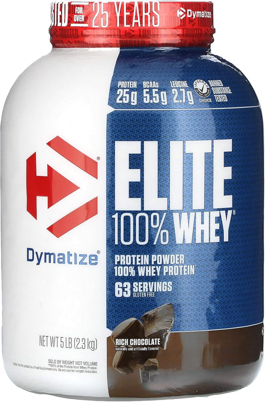 Dymatize Elite 100% Whey Protein Powder, Rich Chocolate Flavor, 5lb - 63 Servings, 25g Protein, 5.5g BCAAs, Fast Absorbing & Digesting for Muscle Recovery