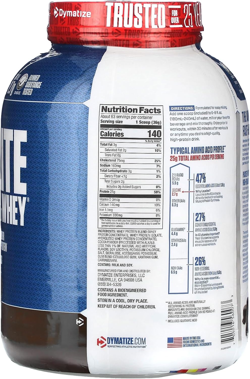 Dymatize Elite 100% Whey Protein Powder, Rich Chocolate Flavor, 5lb - 63 Servings, 25g Protein, 5.5g BCAAs, Fast Absorbing & Digesting for Muscle Recovery