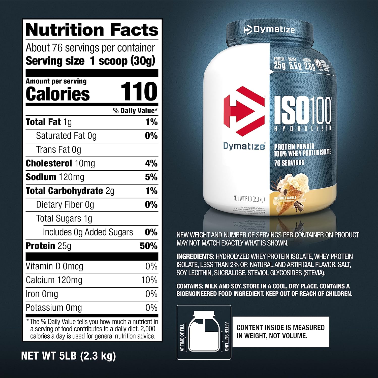 Dymatize ISO 100 Whey Protein Powder - Vanilla, 5lbs, 25g Hydrolyzed 100% Whey Isolate