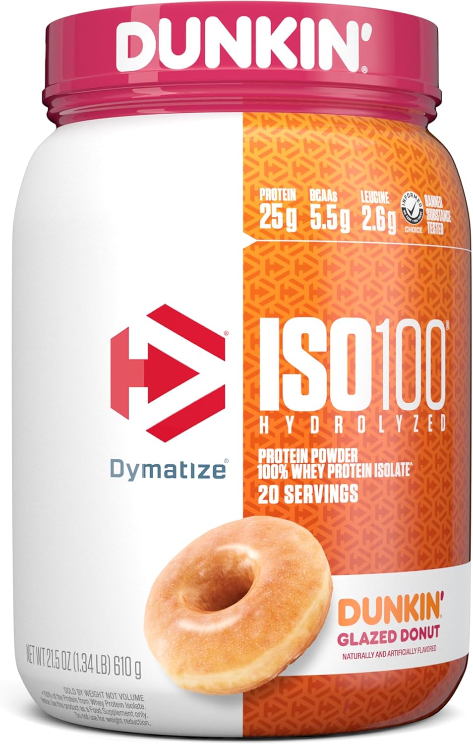 Dymatize ISO100 Hydrolyzed Whey Isolate Protein Powder, Dunkin' Glazed Donut Flavor, 20 Servings, 25g Protein, 5.5g BCAAs