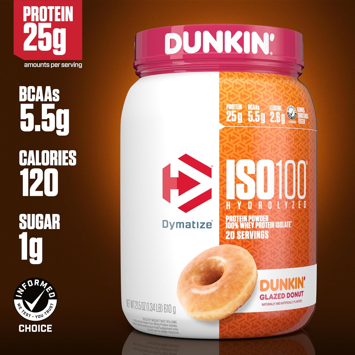 Dymatize ISO100 Hydrolyzed Whey Isolate Protein Powder, Dunkin' Glazed Donut Flavor, 20 Servings, 25g Protein, 5.5g BCAAs