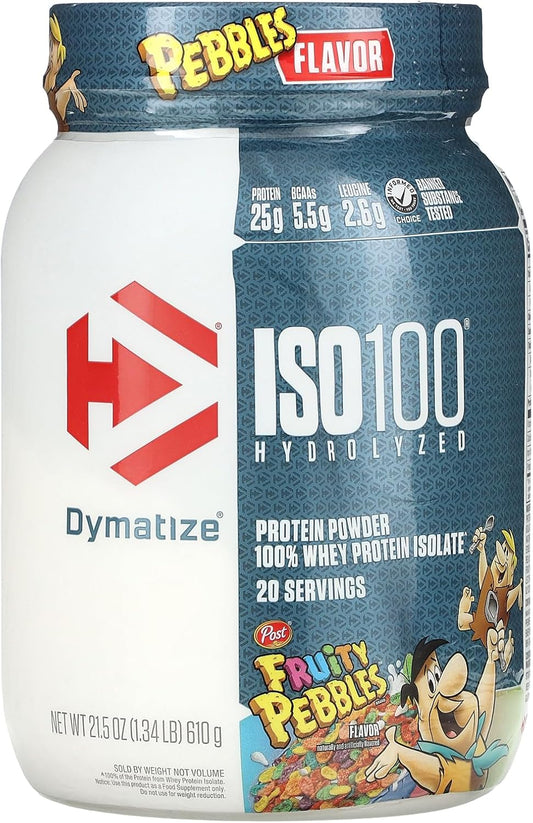 Dymatize ISO100 Whey Isolate Protein Powder - Fruity Pebbles Flavor, 25g Protein, 5.5g BCAAs, Gluten-Free - 20 Servings