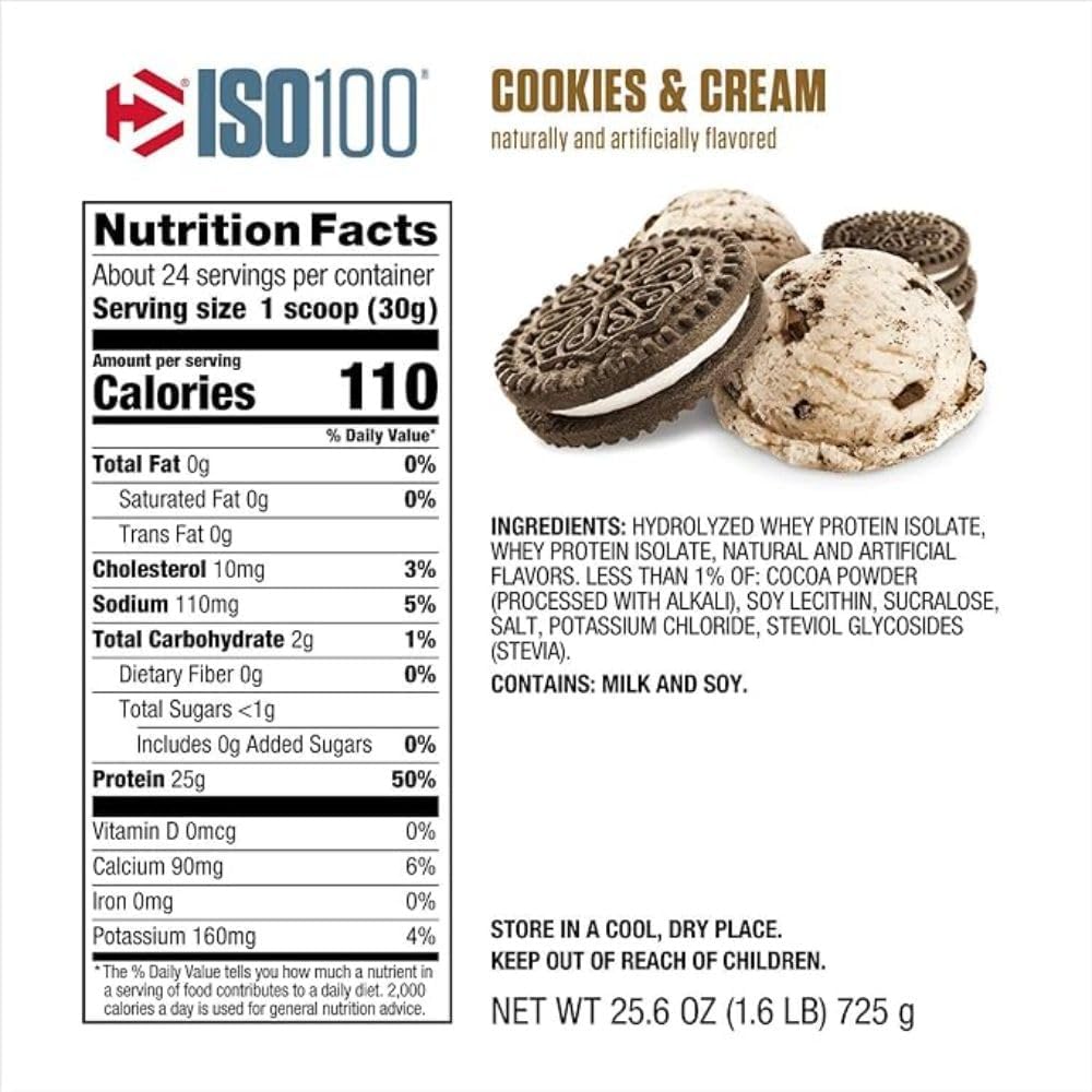 Dymatize ISO100 Whey Isolate Protein Powder, Cookies and Cream Flavor, 25g Protein, 5.5g BCAAs, Gluten-Free, Fast Absorption, Easy Digestion - 1.6 lb