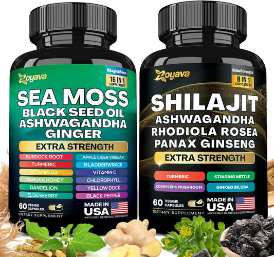 Dynamic Vitality Bundle - Sea Moss, Black Seed Oil, Ashwagandha, Ginger, Shilajit, Rhodiola Rosea, Panax Ginseng - 60 Count - High Potency Supplements