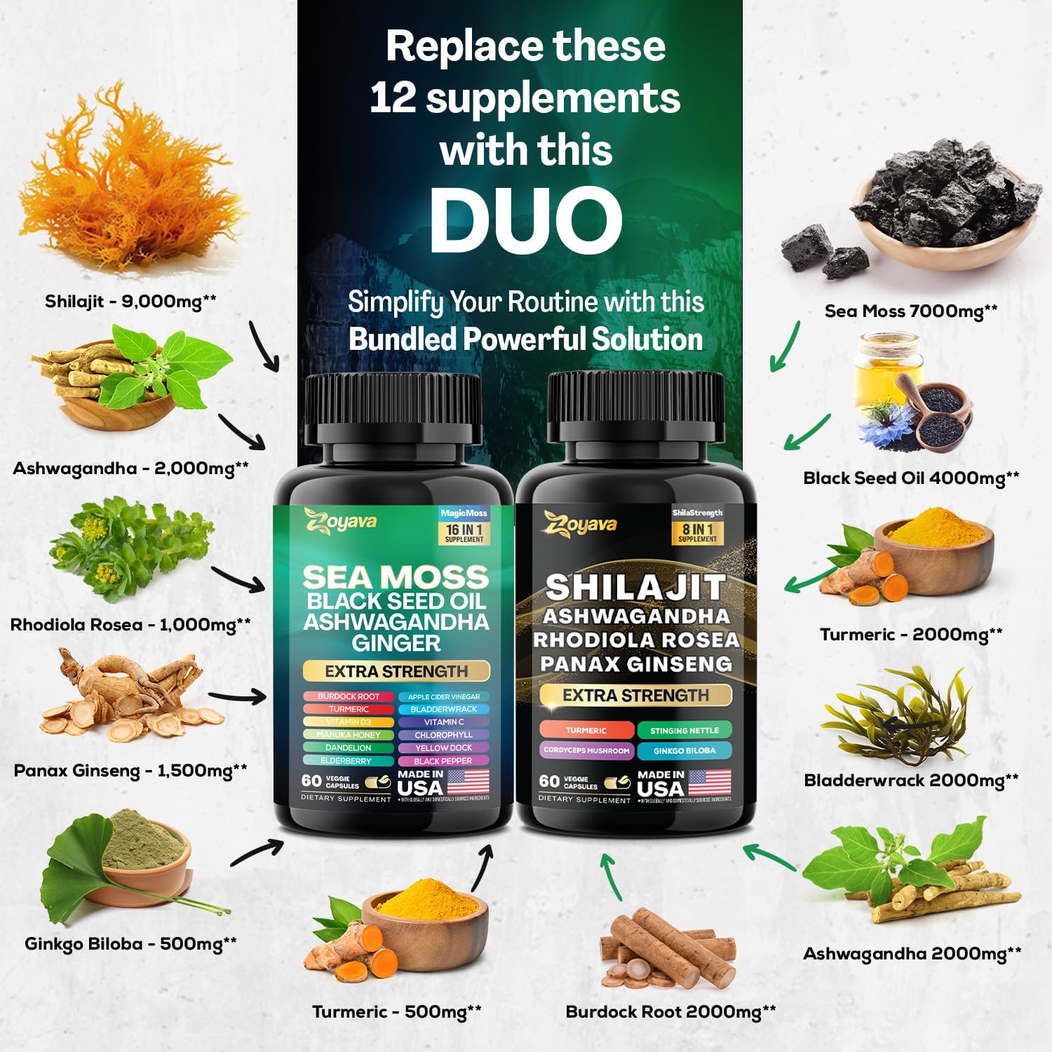 Dynamic Vitality Bundle - Sea Moss, Black Seed Oil, Ashwagandha, Ginger, Shilajit, Rhodiola Rosea, Panax Ginseng - 60 Count - High Potency Supplements