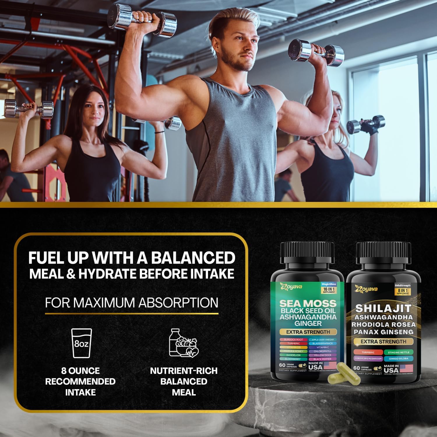 Dynamic Vitality Bundle - Sea Moss, Black Seed Oil, Ashwagandha, Ginger, Shilajit, Rhodiola Rosea, Panax Ginseng - 60 Count - High Potency Supplements