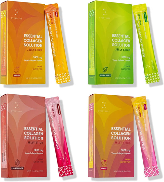 E EVERYDAZE Essential Collagen Jelly Stick Variety Pack - Vegan Supplement for Hair, Skin, Nails, and Bones - Peach, Mango, Green Grape, Pomegranate - 40 Sticks