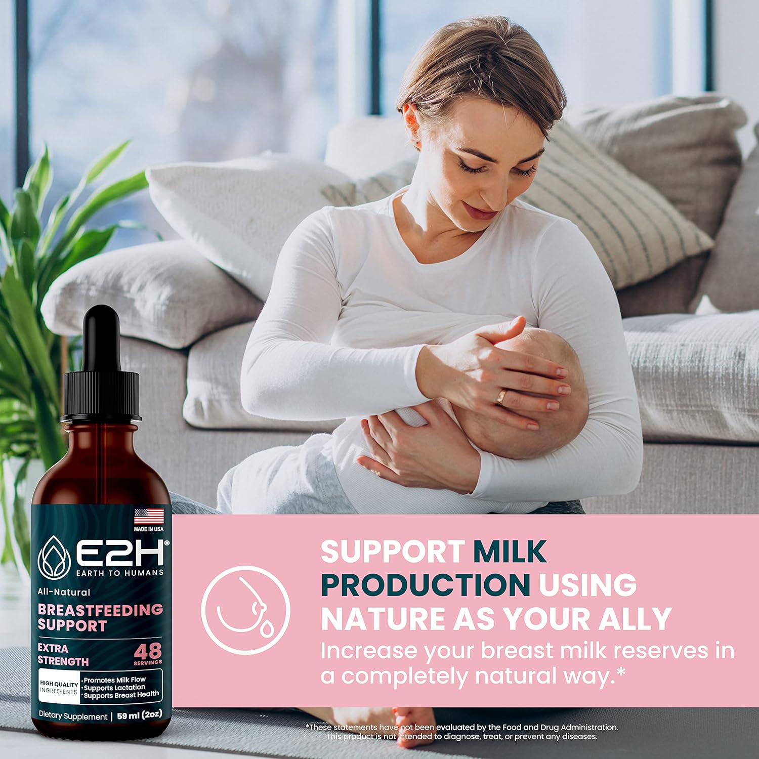 E2H Earth to Humans Breastfeeding Liquid Supplement with Fenugreek, Milk Thistle, Fennel - Vegan Lactation Support - Alcohol-Free - 2 Bottles