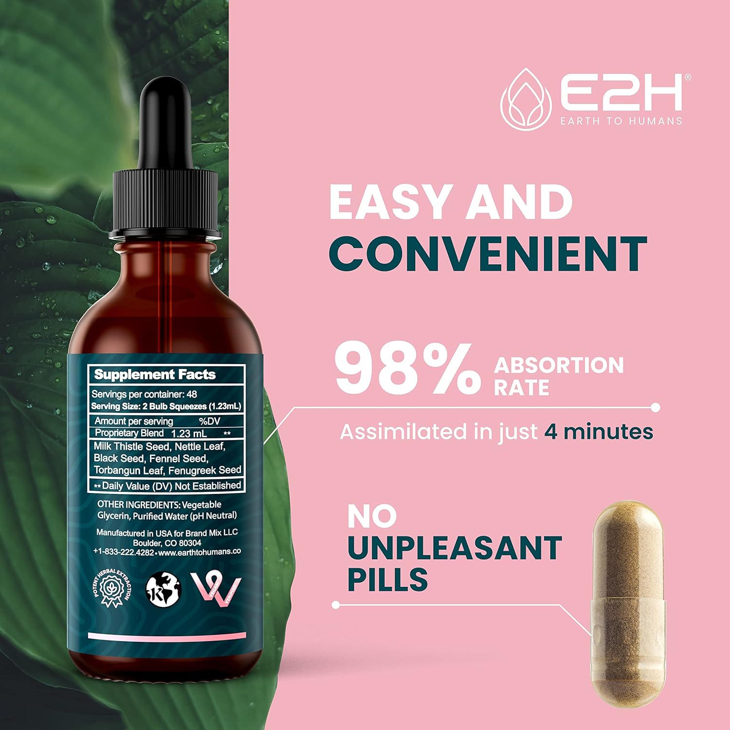E2H Earth to Humans Breastfeeding Liquid Supplement with Fenugreek, Milk Thistle, Fennel - Vegan Lactation Support - Alcohol-Free - 2 Bottles