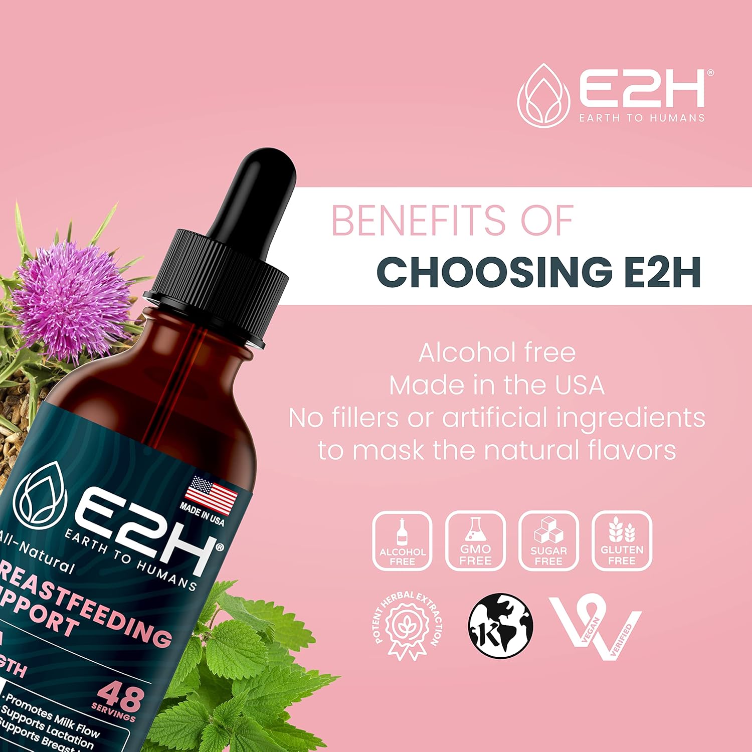 E2H Earth to Humans Breastfeeding Liquid Supplement with Fenugreek, Milk Thistle, Fennel - Vegan Lactation Support - Alcohol-Free - 2 Bottles