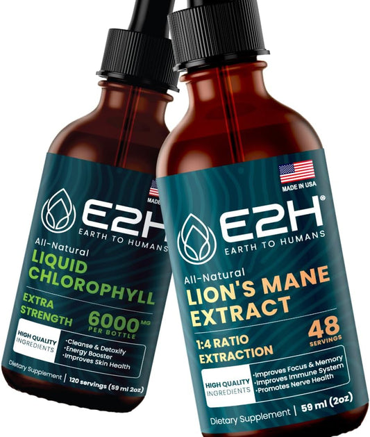 E2H Liquid Chlorophyll and Lion's Mane Mushroom Bundle - Vegan, Non-GMO - 4 Fl Oz Total