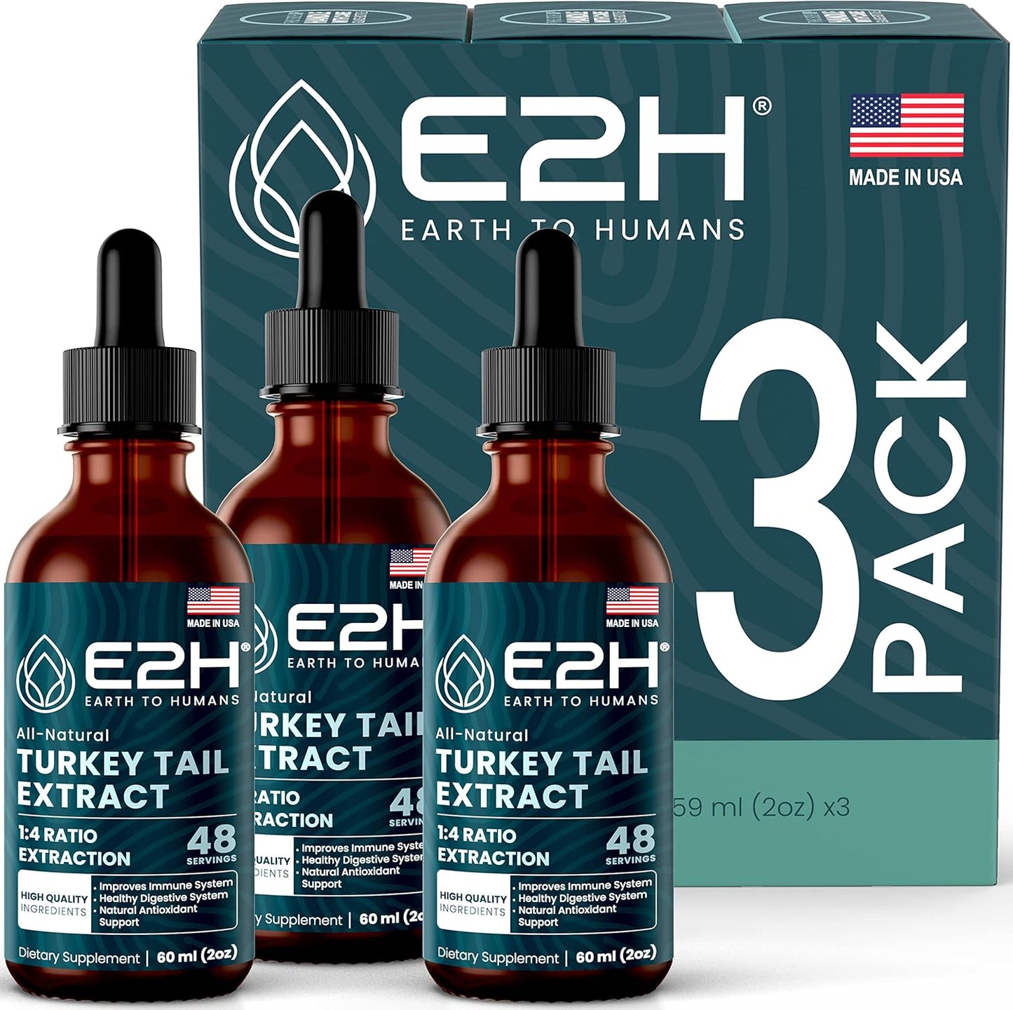 E2H Turkey Tail Mushroom Extract - Immune & Digestive Support Supplement - Non-GMO, Vegan - Pack of 3