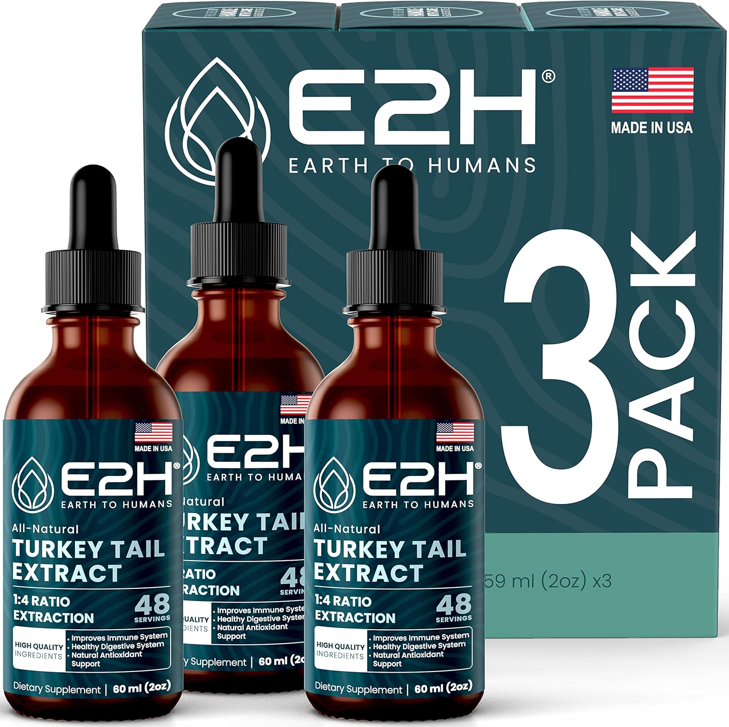 E2H Turkey Tail Mushroom Extract - Immune & Digestive Support Supplement - Non-GMO, Vegan - Pack of 3