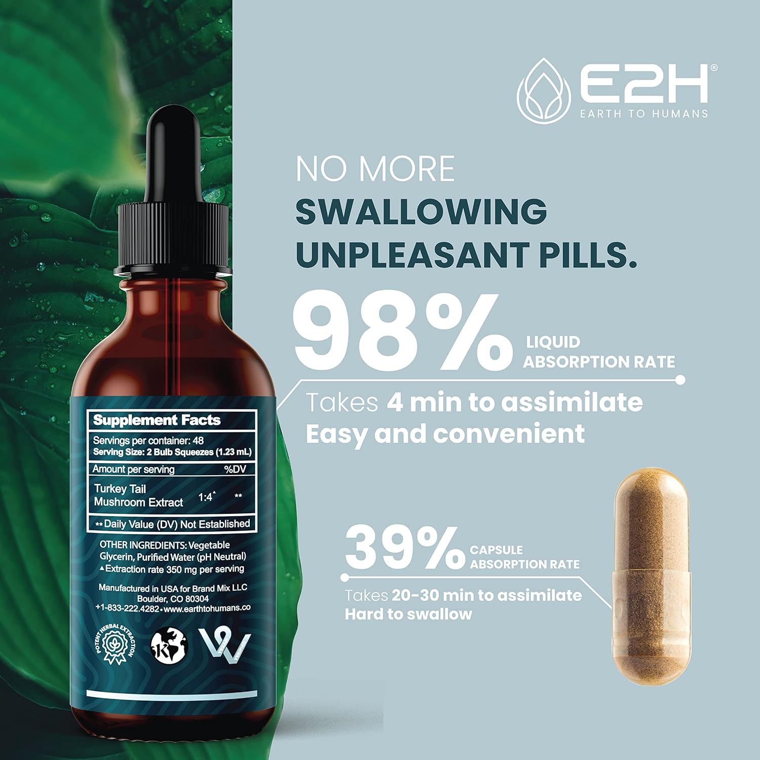 E2H Turkey Tail Mushroom Extract - Immune & Digestive Support Supplement - Non-GMO, Vegan - Pack of 3